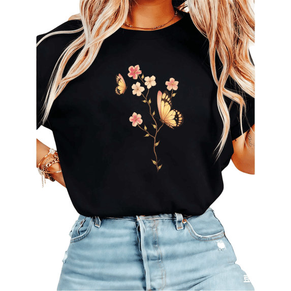 UNISHE Women's Delicate Butterflies and Pink Floral Branch Graphic Short Sleeve T-Shirt Casual Cotton Crewneck Top