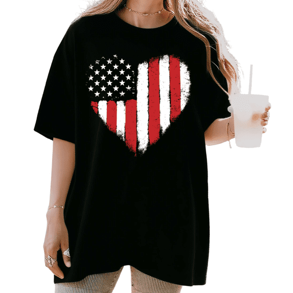 UNISHE Women's Distressed American Flag Heart Patriotic Graphic Short Sleeve T-Shirt Breathable Cotton Crewneck Top