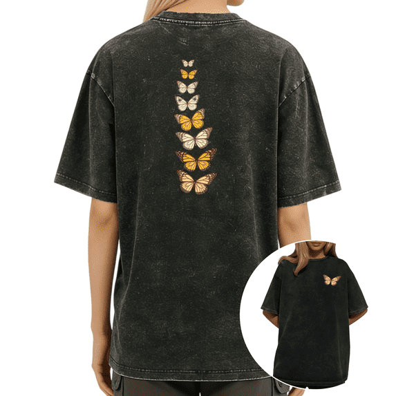 UNISHE Women's Distressed Back Print Gradient Monarch Butterfly Graphic Oversized Short Sleeve T-Shirt Crewneck Nature Tee