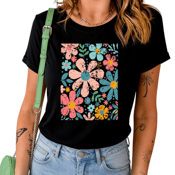 UNISHE Women's Distressed Multi Color Daisy Square Floral Collage Graphic Short Sleeve Crewneck Cotton Casual Top