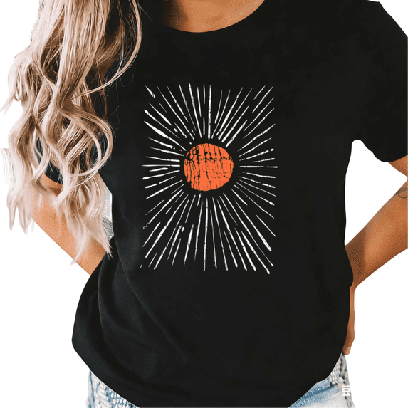 UNISHE Women's Distressed Orange Sunburst Graphic Black Short Sleeve T-Shirt Casual Cotton Crewneck Top