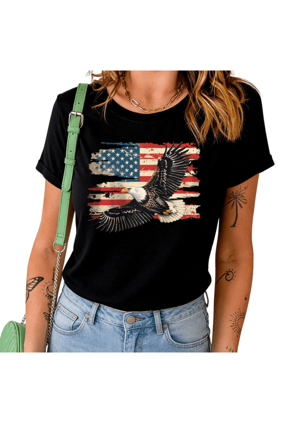 Women's Distressed USA Flag Bald Eagle Graphic Black Short Sleeve T-Shirt Casual Cotton Crewneck Patriotic Top