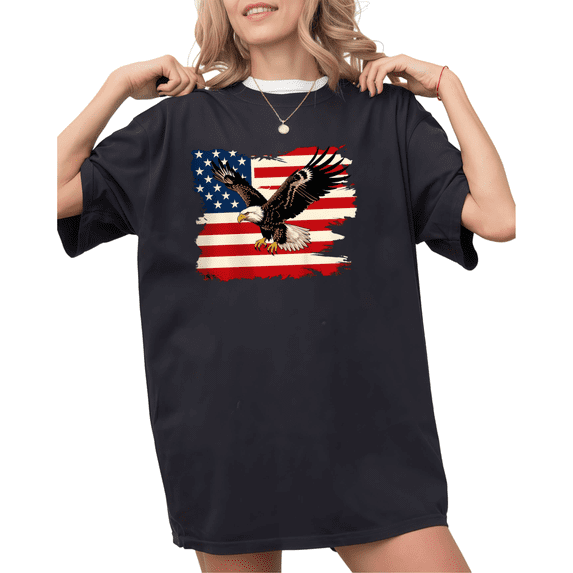 UNISHE Women's Distressed USA Flag Bald Eagle Graphic Short Sleeve T-Shirt Black S-5XL Casual Crewneck Top