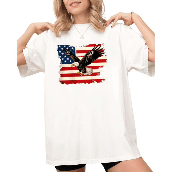 UNISHE Women's Distressed USA Flag Bald Eagle Graphic Short Sleeve T-Shirt White S-5XL Casual Crewneck Top