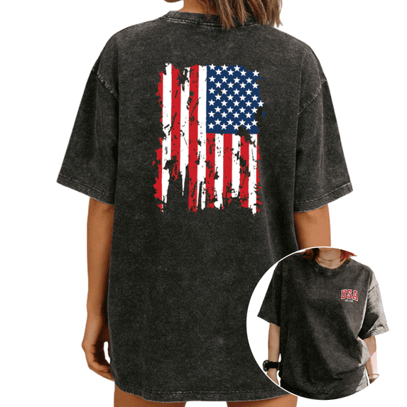 UNISHE Women's Distressed USA Flag Front & Back Print Vintage Washed T-Shirt Short Sleeve Relaxed Fit Black S-2XL