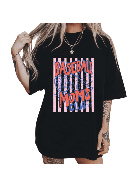 Women's Distressed Vintage Dark Pink Stripe Frame Baseball Mom Home Run Snack Graphic Short Sleeve T-Shirts Black Tops