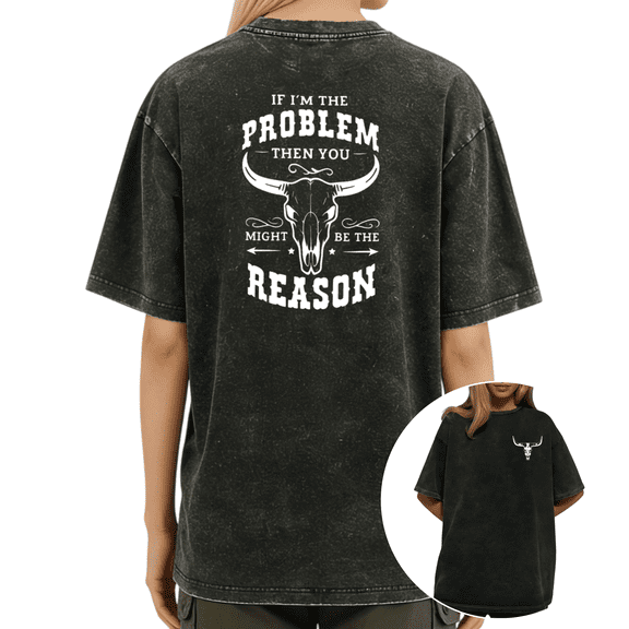 UNISHE Women's Distressed Western Bull Skull Problem Reason Graphic Oversized Short Sleeve T-Shirt Casual Soft Country Tee