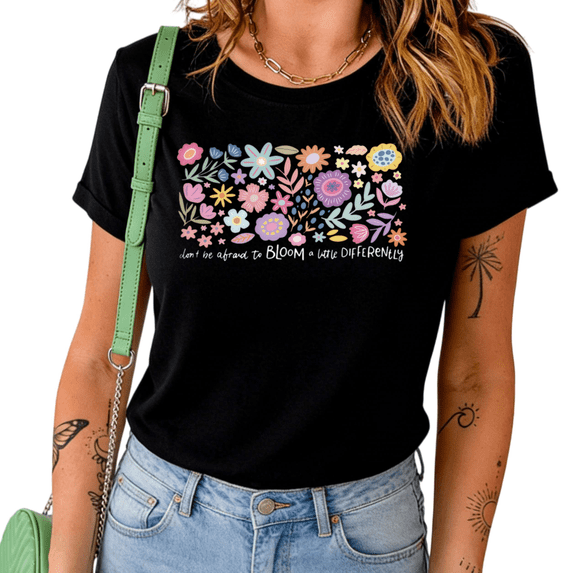 UNISHE Women's Don't Be Afraid to Bloom Differently Floral Graphic Short Sleeve Crewneck T-Shirt Inspirational Cotton Tee