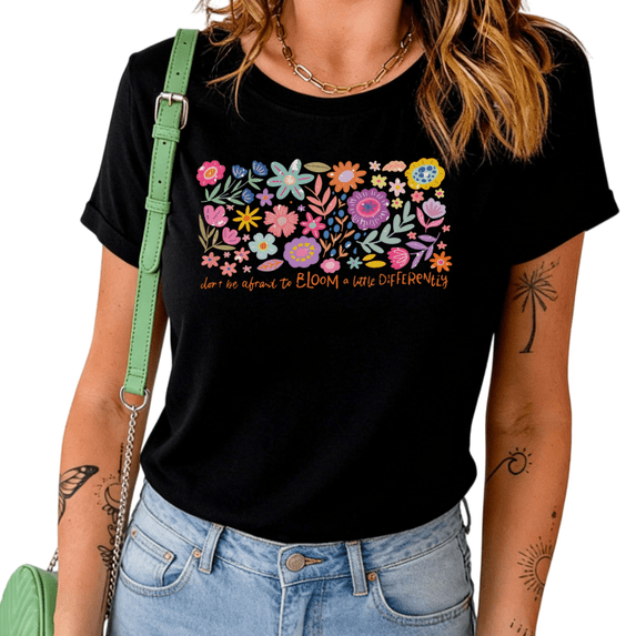 UNISHE Women's Don't Be Afraid to Bloom Differently Floral Graphic Short Sleeve Crewneck T-Shirt Inspirational Cotton Tee