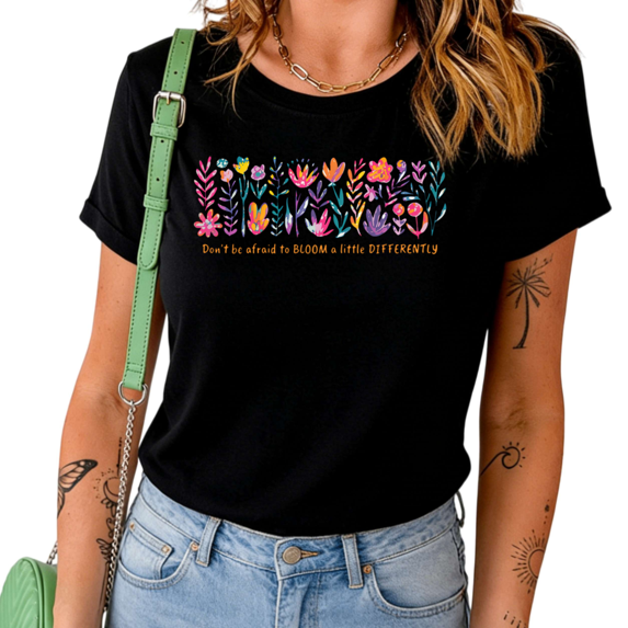 UNISHE Women's Don't Be Afraid to Bloom Differently Watercolor Floral Graphic Short Sleeve T-Shirt Inspirational Tee