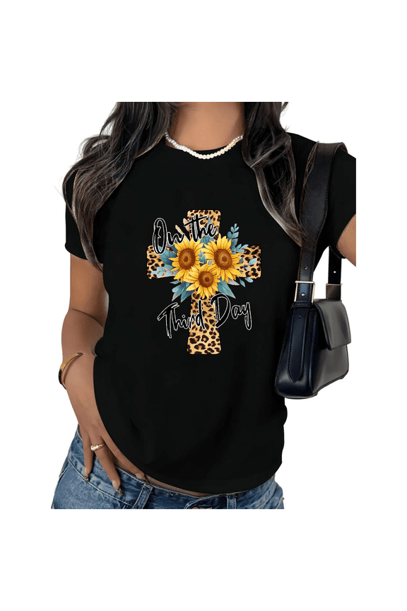 Women's Easter Cross Sunflower Graphic Tee Christian Faith Leopard Print Short Sleeve T-Shirt