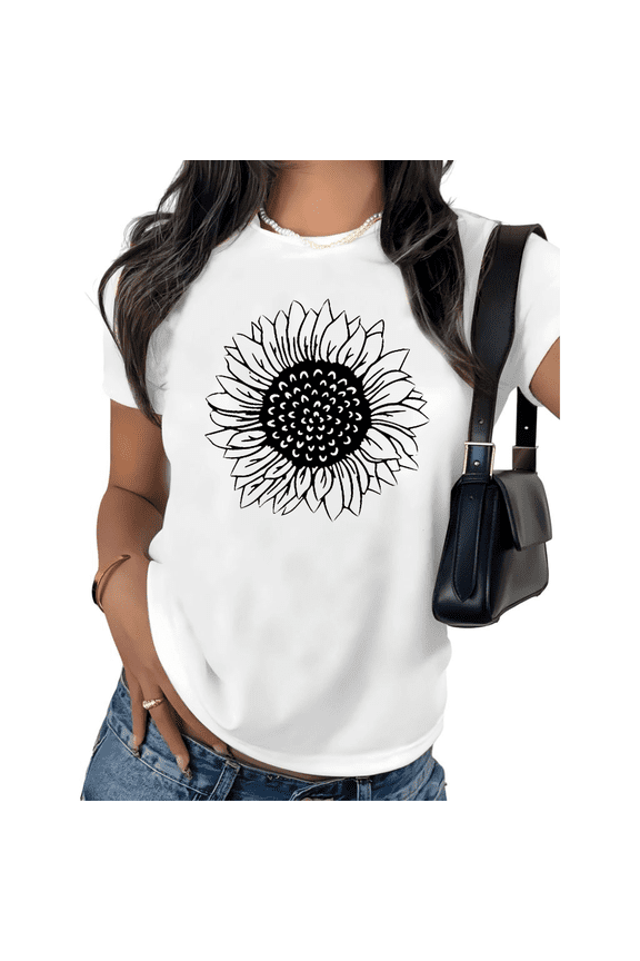 Women's Elegant Line Art Tee Sunflower Floral Outline Short Sleeve Crewneck Casual Top S-5XL