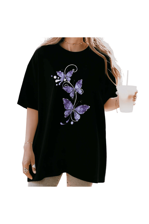 Women's Elegant Watercolor Purple Butterflies Graphic Short Sleeve T-Shirt Casual Cotton Crewneck Top