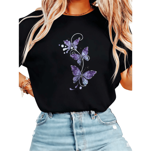 UNISHE Women's Elegant Watercolor Purple Butterflies Graphic Short Sleeve T-Shirt Casual Cotton Crewneck Top