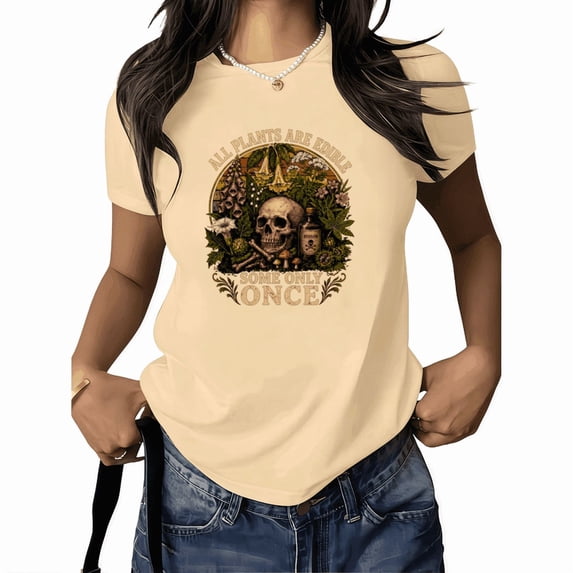 UNISHE Women's Emblem Botanical Graphic T-Shirt Vintage Poison Plant Tee Retro Badge Style Summer White Top