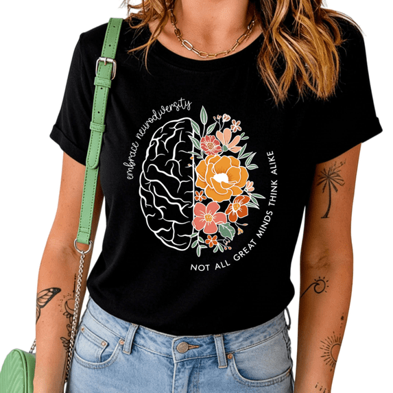 UNISHE Women's Embrace Neurodiversity Floral Brain Casual Crew Neck Short Sleeve T-Shirt Top
