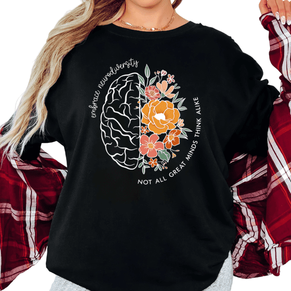 UNISHE Women's "Embrace Neurodiversity" Floral Brain Graphic Short Sleeve T-Shirt Casual Cotton Crewneck Top