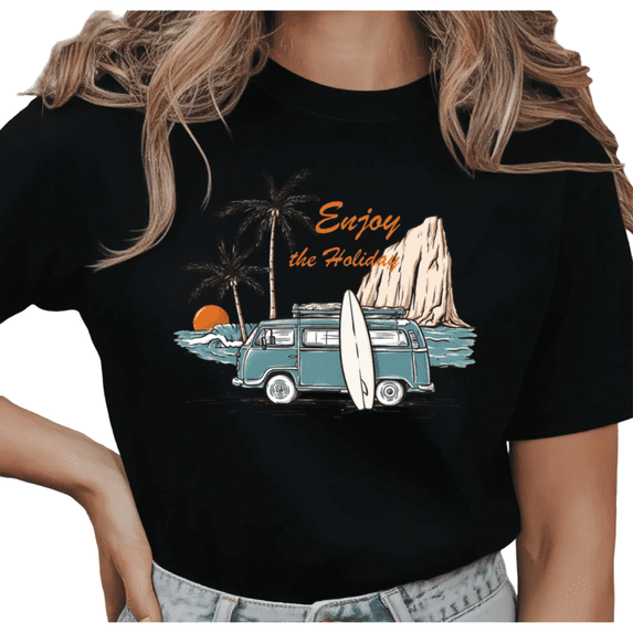 UNISHE Women's "Enjoy the Holiday" Retro Surf Van Graphic Short Sleeve T-Shirt Casual Cotton Crewneck Top