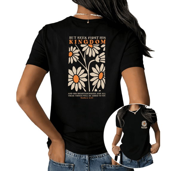 UNISHE Women’s Faith Bible Verse Graphic Short Sleeve T-Shirt – Matthew 6:33 Religious Christian Quote, Daisy Floral Design Soft Cotton Top for S-5XL
