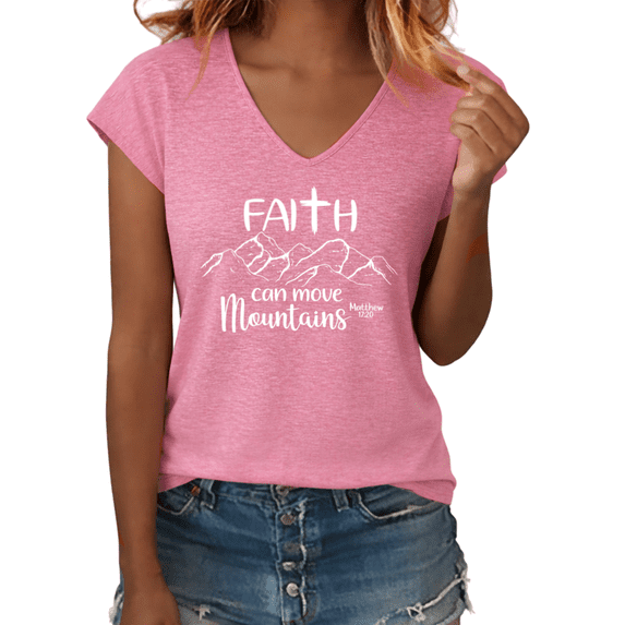 UNISHE Women's Faith Can Move Mountains Christian Graphic V-Neck Short Sleeve T-Shirt Religious Tee