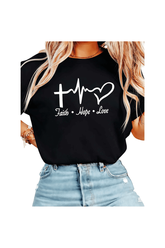 Women's Faith Hope Love Cross Heartbeat Christian Graphic Short Sleeve T-Shirt Casual Cotton Crewneck Top Black S-5XL