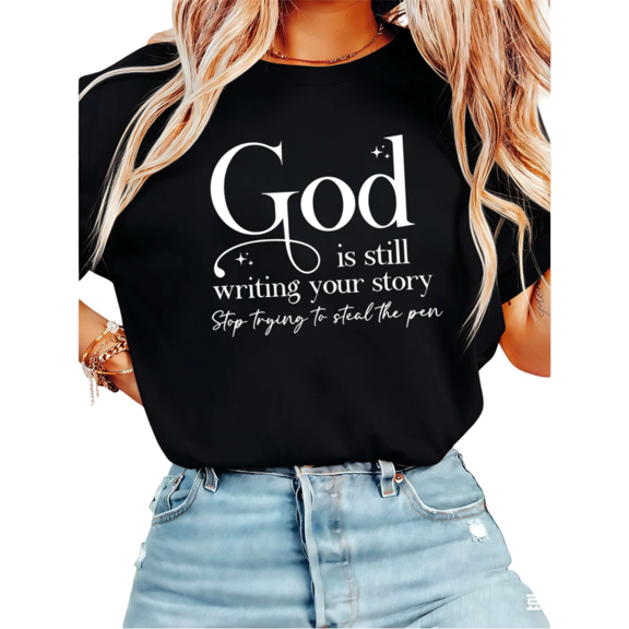 UNISHE Women's Faith Motivational Quote God's Plan Graphic Short Sleeve T-Shirt Casual Cotton Crewneck Top Black S-5XL