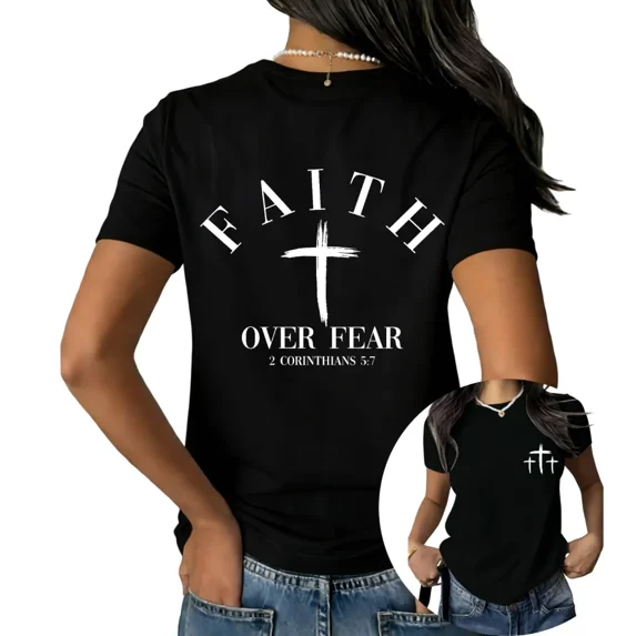 UNISHE Women's Faith Over Fear 2 Corinthians 5:7 Christian Graphic Short Sleeve T-Shirt Casual Cotton Crewneck Tee