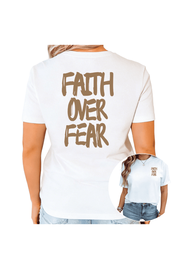 Women's Faith Over Fear Brush Stroke Letter Christian Short Sleeve Crewneck Cotton Casual Top