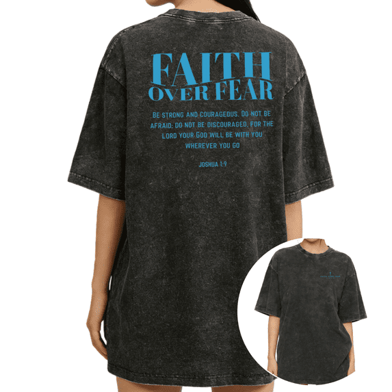 UNISHE Women's "Faith Over Fear" Joshua 1:9 Vintage Washed T-Shirt Short Sleeve Distressed Relaxed Fit Tee