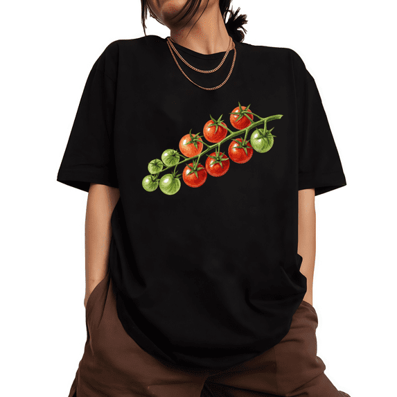 UNISHE Women's Farm Theme Harvest Two Shade Vine Cherry Tomato Graphic Short Sleeve T-Shirt S-5XL Black Tops