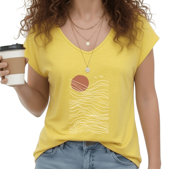 UNISHE Women's Fashion Sunset Wave Print Yellow V-Neck Short Sleeve T-Shirt S-5XL Crewneck Tee