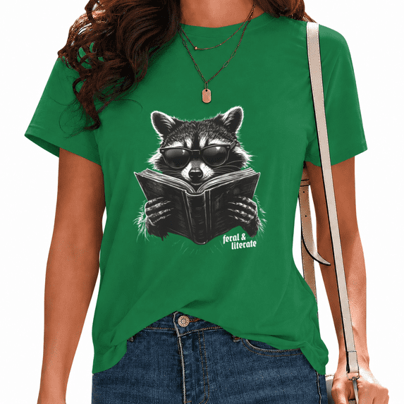 UNISHE Women's Feral & Literate Funny Raccoon Reading Graphic Short Sleeve T-Shirt Flattering Fit Versatile Tees Tops