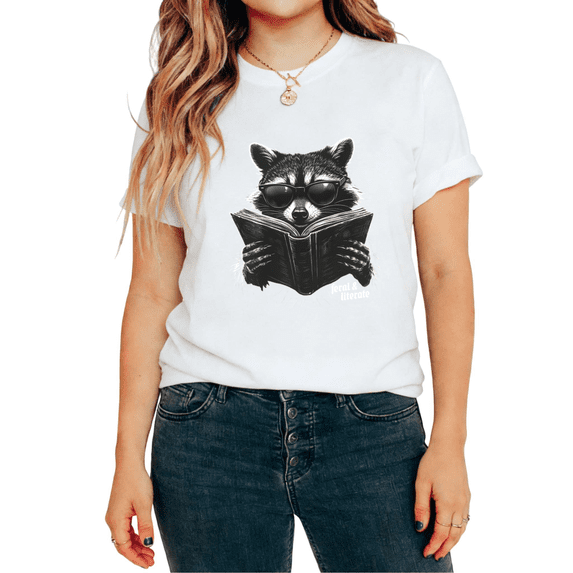 UNISHE Women's Feral & Literate Funny Raccoon Reading Graphic Short Sleeve T-Shirt Flattering Fit Versatile Tees Tops