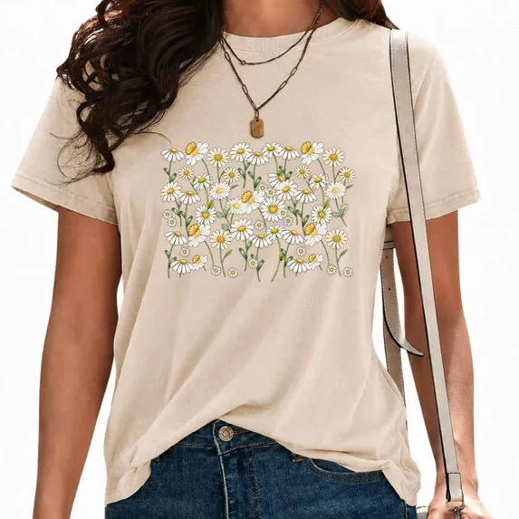UNISHE Women's Field Daisy Print T-Shirts Floral Botanical Graphic Tees Washed Vintage Casual Streetwear Tops Apricot, S