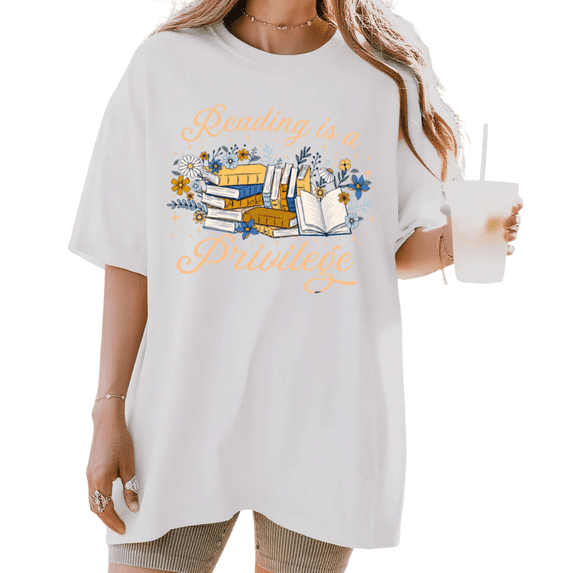 UNISHE Women's Floral Book Stack Reading Is A Privilege Cursive Script Star Graphic Short Sleeve T-shirt Relaxed Fit