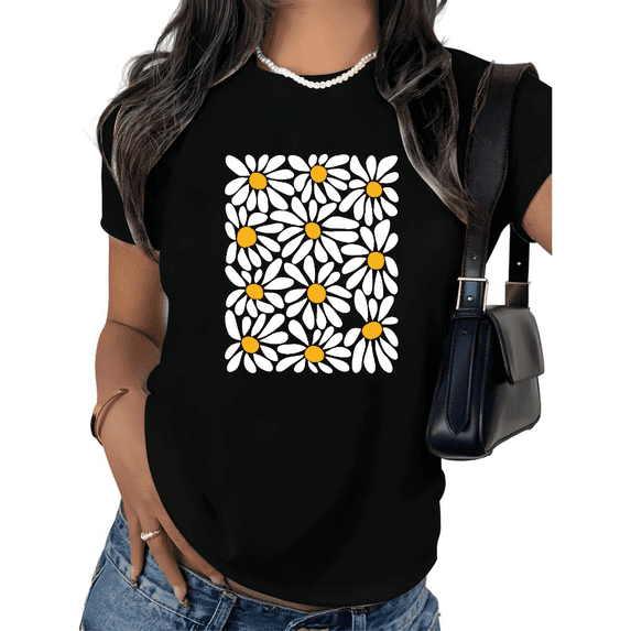 UNISHE Women's Floral Daisy Graphic Tee Cottagecore Square Flower Print Short Sleeve Crewneck T-Shirt S-5XL