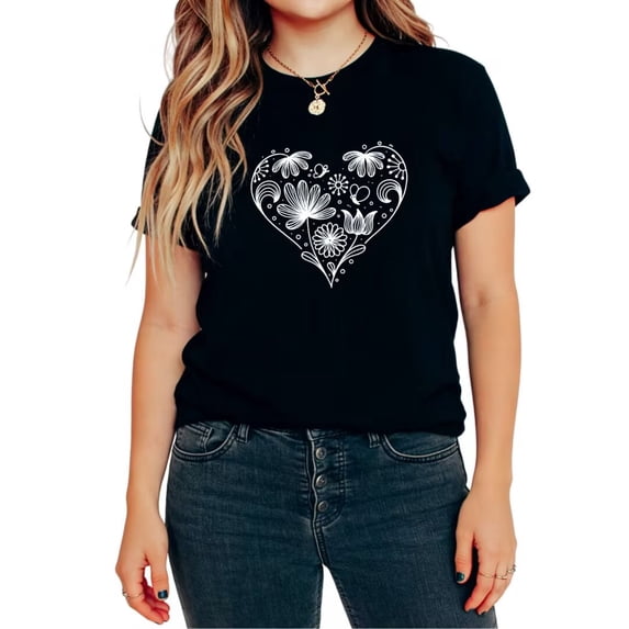 UNISHE Women's Floral Heart Boho Tees Tops Graphic Short Sleeve T-Shirt Casual Love Botanical Comfortable