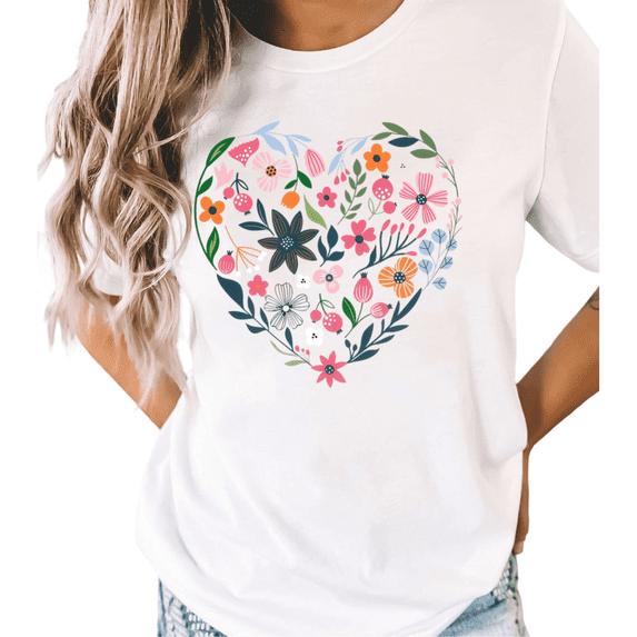 UNISHE Women's Floral Heart Graphic White Short Sleeve T-Shirt Casual Cotton Crewneck Top