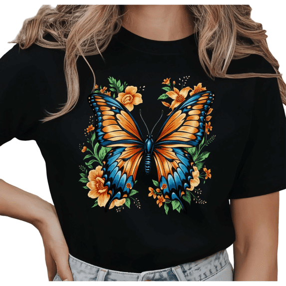 UNISHE Women's Floral Monarch Butterfly Graphic Short Sleeve T-Shirt Comfortable Cotton Crewneck Top