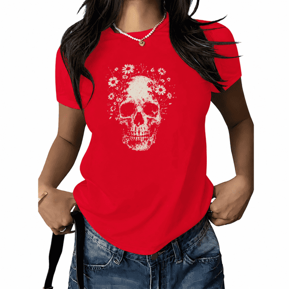 UNISHE Women's Floral Skull Graphic T-Shirt Distressed Daisy Tee Boho Cottagecore Summer Top