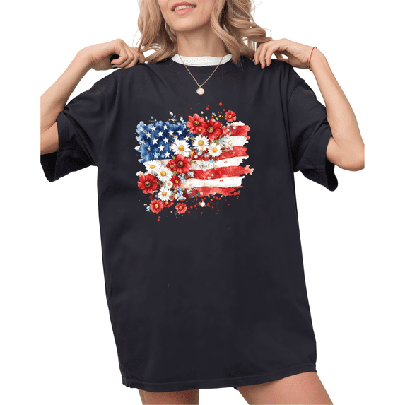 UNISHE Women's Floral Watercolor American Flag Graphic Black Short Sleeve T-Shirt Holiday S-5XL Top