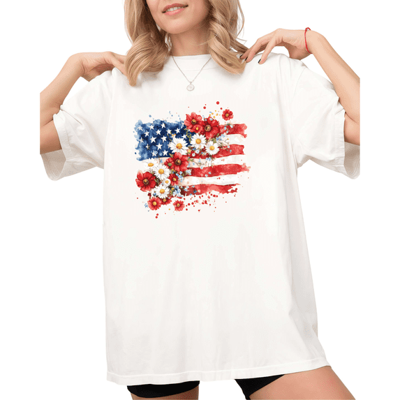 UNISHE Women's Floral Watercolor American Flag Graphic White Short Sleeve T-Shirt Holiday S-5XL Top