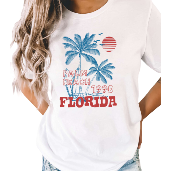 UNISHE Women's Florida Palm Beach 1990 Tropical Sunset Graphic Short Sleeve T-Shirt Casual Cotton Crewneck Top