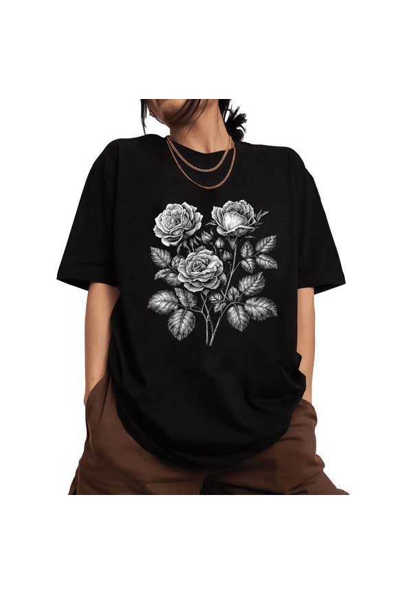 Women's Flower Lover Vintage Sketch Thorn Rose Art Graphic Short Sleeve T-Shirt S-5XL Black Tops