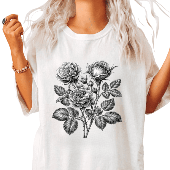 UNISHE Women's Flower Lover Vintage Sketch Thorn Rose Art Graphic Short Sleeve T-Shirt S-5XL White Tops