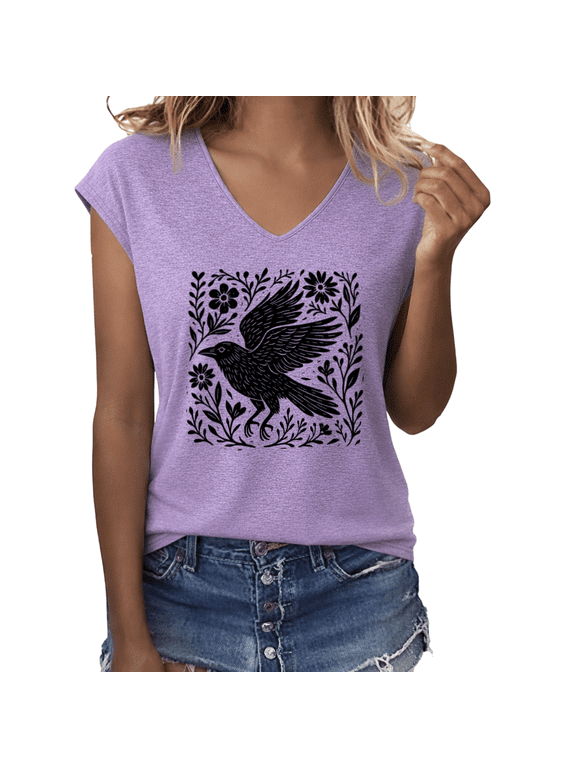 Women's Folk Art Crow Floral Graphic V-Neck Short Sleeve T-Shirt Casual Boho Nature Tee