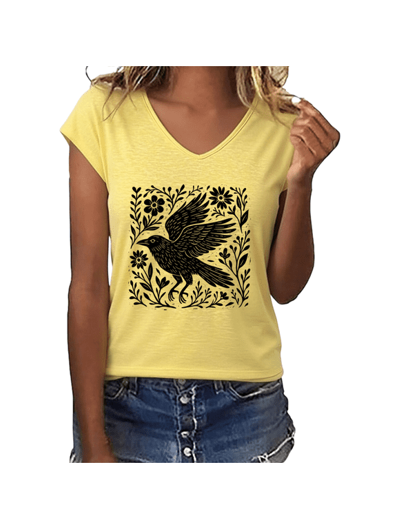 Women's Folk Art Crow Floral Graphic V-Neck Short Sleeve T-Shirt Casual Boho Nature Tee