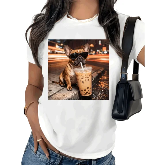 UNISHE Women's Frenchie Boba Tea Graphic Short Sleeve T-Shirt Breathable Cotton Crewneck Dog Lover Top S-5XL