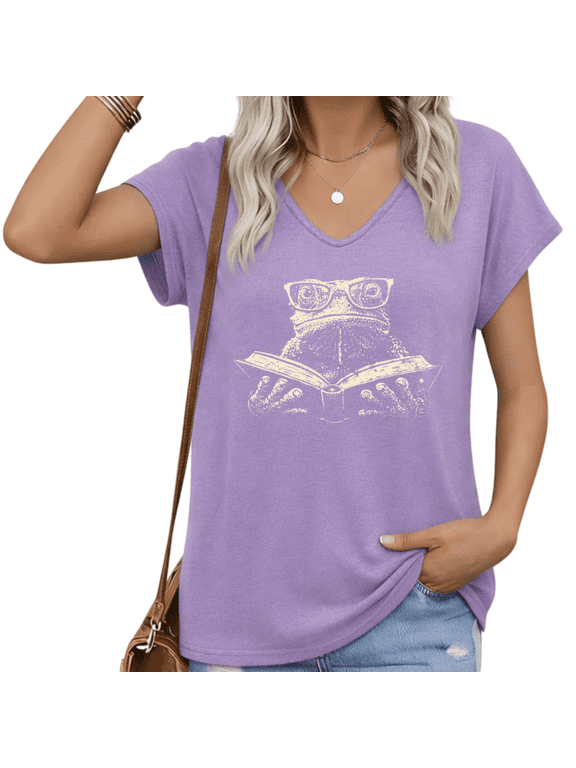 Women's Frog Reading Book With Glasses V-Neck T-Shirt Cute Animal Lover Humor Graphic Tee S-5XL Purple
