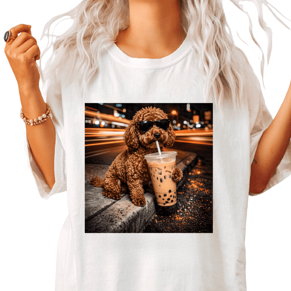 UNISHE Women's Fun Wet Night Roadside Curly Poodle Holding Cold Boba Graphic Short-Sleeve T-Shirt White Size S-5XL Crewneck Tops